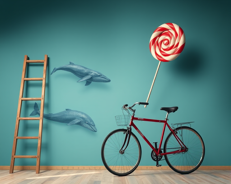 ladder, tape measure, whale, lollipop, bicycle